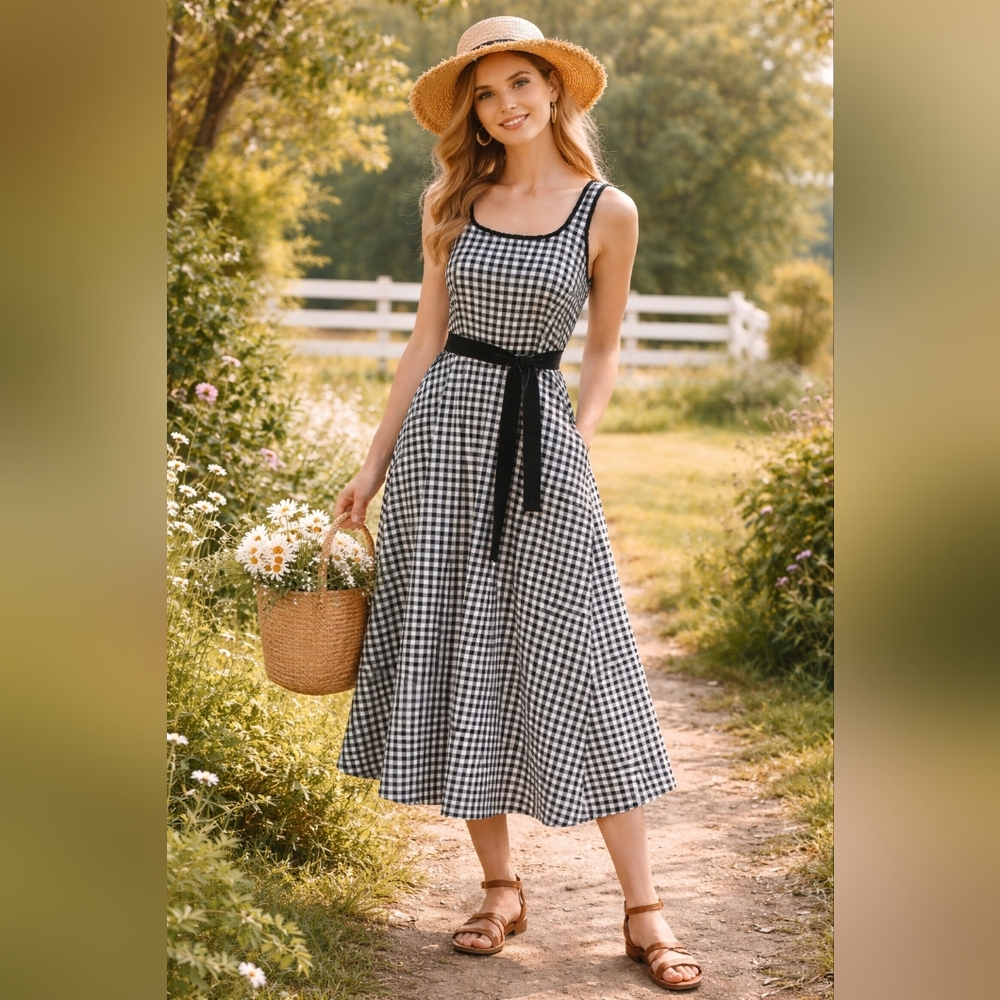 Draper James Gingham Midi Dress Cottagecore Retro Fit & Flare Belted